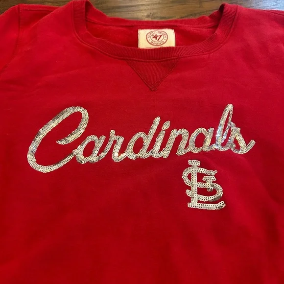 St Louis CARDINALS🍃47 Brand Cardinals Baseball Sequin Crewneck Sweatshirt Red XL - Picture 3 of 7